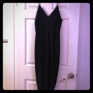 Long black slinky thin strap stretch midi dress